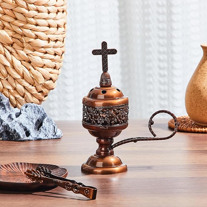 Zonon 2 Sets Incense Burner with Tong, Frankincense Charcoal Incense Stand Holder, Ideal for Yoga, Spa, Aromatherapy, Home and Christian Church Censer (Red Copper,Classic)
