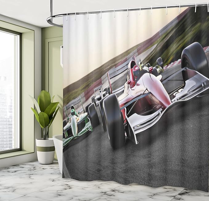 Ambesonne Man Cave Shower Curtain, Speeding Red Race Car Close up Front View on Track Leading The Pack Speedway Image, Cloth Fabric Bathroom Decor Set with Hooks, 69" W x 70" L, Burgundy Grey