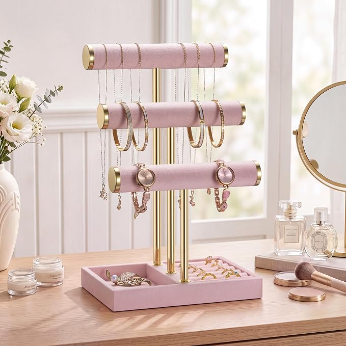 Jewelry Organizer Stand Display, 3 Tier Velvet Bracelet Holder, Pink | Jewelry Organizers and Storage | Jewelry Tree | Jewelry Towers for Necklaces, Bracelets, Earrings, Rings