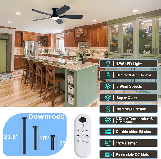 Coolwind 52 Inch Black Flush Mount Ceiling Fan with Display Remote/APP Control, Low Profile Quiet Ceiling Fan with Light, 5 Dual-Sided Blades, Dimmable, DC Reversible Motor for Bedroom, Living Room