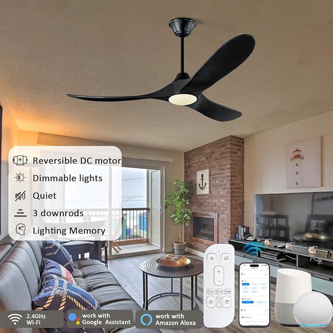 52 Inch Black Smart Ceiling Fan with Lights, Outdoor Ceiling Fan for patio, 3 Blades Wood Ceiling Fan with Quiet Reversible DC Motor, Indoor Exterior Modern Ceiling Fan with Alexa/App/Remote Control