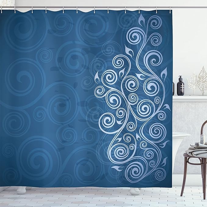 Ambesonne Ornamental Shower Curtain, Floral Swirls Ivy Image Ombre Details Grunge Backdrop Flower Illustration, Cloth Fabric Bathroom Decor Set with Hooks, 69" W x 70" L, Dark Sky