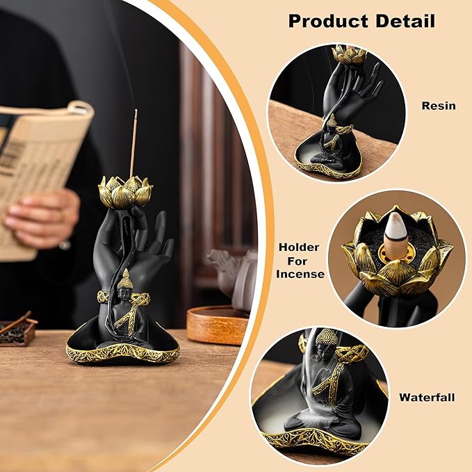 Hand-Held Lotus Backflow Incense Burner & Candle Holder - Zen Waterfall Incense Fountain with Buddha Statue, Resin Incense Burner for Home Decor, Meditation & Yoga Relaxation