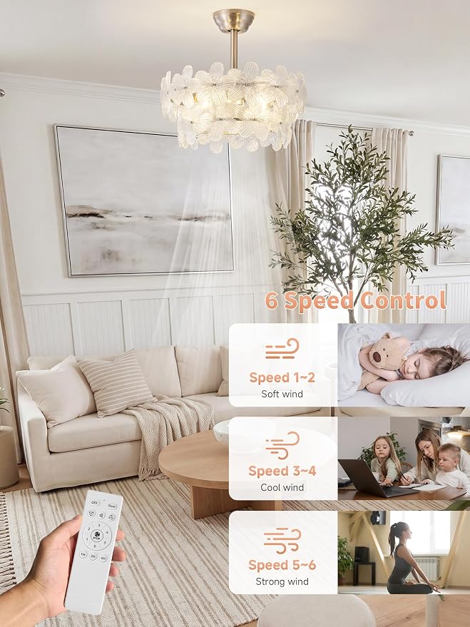 Silver Crystal Fandelier Ceiling Fans with Lights, 20" Silver Flower Chandelier Ceiling Fan with Light Remote Control, Caged Mid-Century with 6 Speeds for Bedroom, Nursery, Living Room