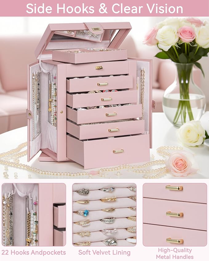 AKOZLIN 6-Tier Jewelry Box Organizer Functional 5 Drawers Leather Jewelry Storage Case for Women Girls Ring Necklace Earring Bracelet Holder Organizer with Mirror XL Pink 360° Rotating
