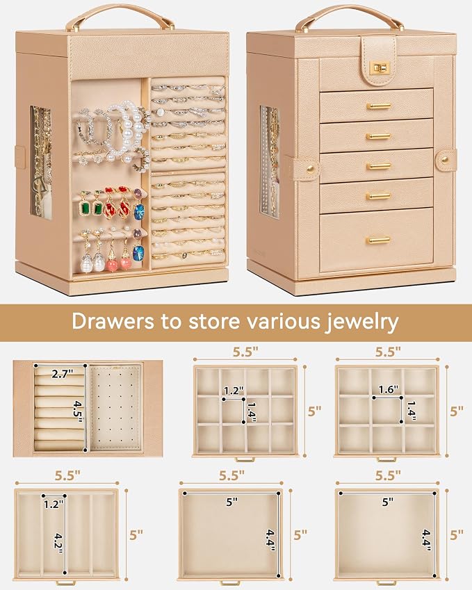 AKOZLIN 6-Tier Jewelry Box Organizer Functional 5 Drawers Leather Jewelry Storage Case for Women Girls Ring Necklace Earring Bracelet Holder Organizer with Mirror Champagne S-Medium