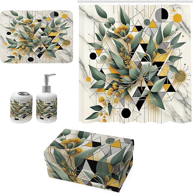 Ambesonne Eucalyptus Leaves Bathroom Decor Set 4 Pcs Including Shower Curtain with Hooks Bath Mat Soap Dispenser Toothbrush Holder in Box Essentials & Accessories, Blossomy Art, Green Black Mustard