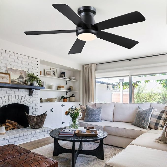 Hounberi 46 Inch Modern Low Profile Ceiling Fan with Light and Remote Control, Quiet 3CCT Dimmable LED Flush Mount Fan for Bedroom Living Room, 5 ABS Blades Reversible Motor, Black