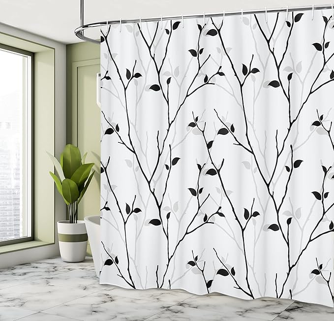 Ambesonne Leaf Shower Curtain, Branches in The Fall Trees Stem Twig Last Few Leafage Minimalistic Design Art, Cloth Fabric Bathroom Decor Set with Hooks, 69" W x 84" L, Coconut Black