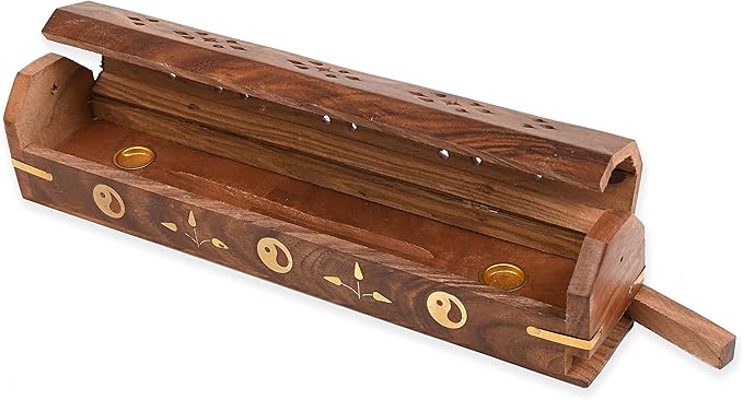 Incense Garden Pack of 2 Incense Stick Holder - Coffin Style - Wood Incense Stick Burner with Ying YANG Inlays (Natural) Handmade with Brass Inlays