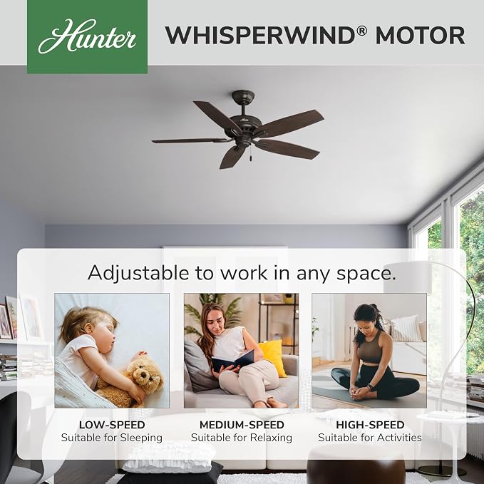 Hunter 52 inch Indoor Ceiling Fan No Light with Pull Chain - Bronze Ceiling Fan without Light, Standard Mount, 5 Blades, For Bedroom, Living Room, or Kitchen, Quiet - Newsome 53320, Premier Bronze