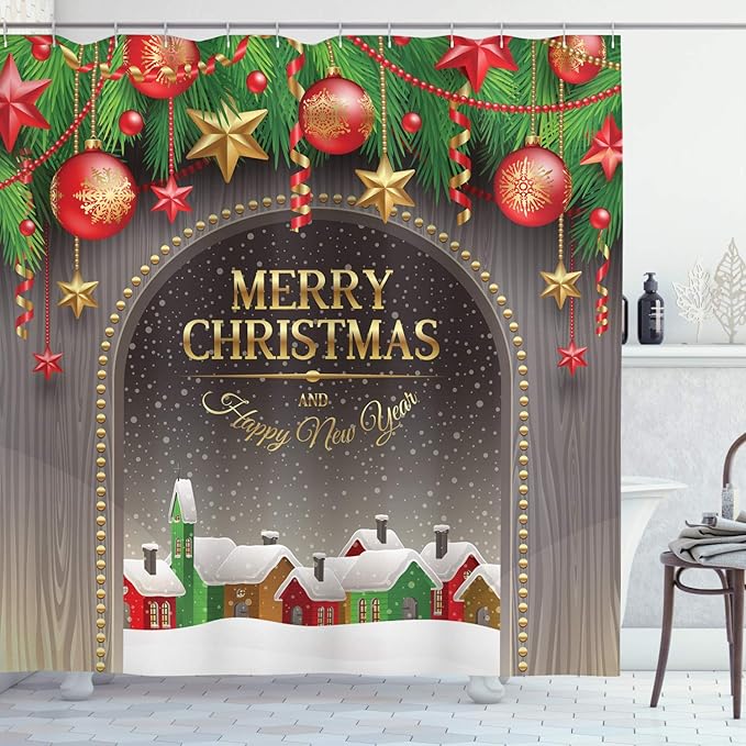 Ambesonne Christmas Shower Curtain, Classic Rustic Design Season Greetings Yellow Colored Letters Village Ornaments, Cloth Fabric Bathroom Decor Set with Hooks, 69" W x 75" L, Red Green