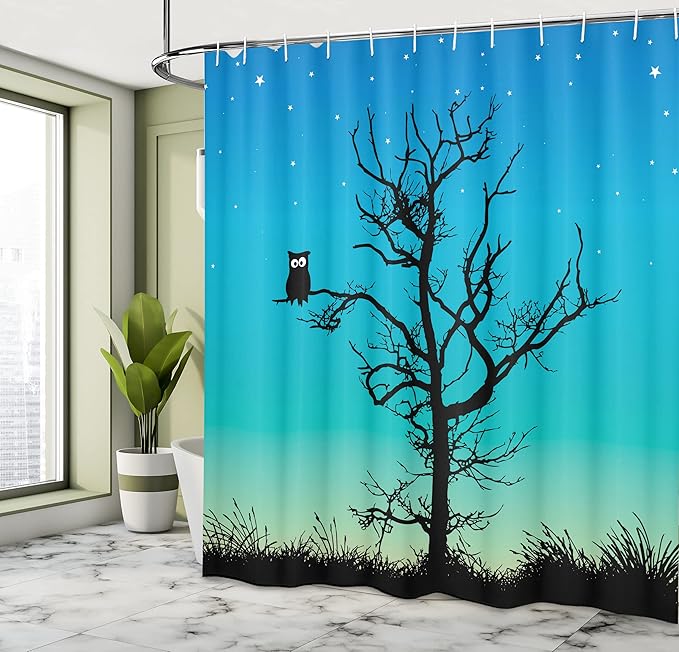 Ambesonne Owls Shower Curtain, Owl in Naked Winter Tree Under Night Sky with Stars Grass Goodnight Artwork, Cloth Fabric Bathroom Decor Set with Hooks, 69" W x 75" L, Turquoise Black