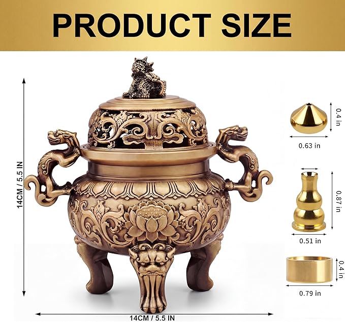 Solid Brass Incense Burner with Qilin Lid,22oz Chinese Feng Shui Handmade Censer,5.5 Inch Brass Incense Burner with 3 Incense Holders for Zen Meditation Altar Decor,Indoor Home Office Décor