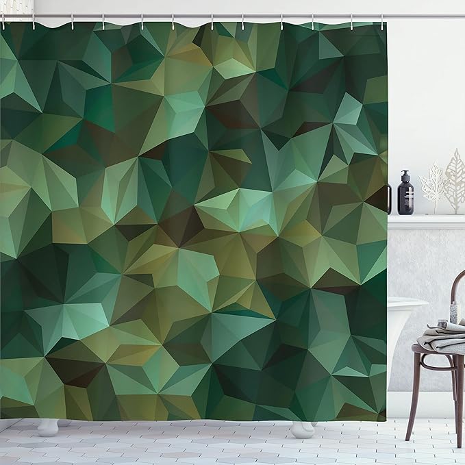 Ambesonne Geometric Shower Curtain, Abstract Style Composition Camouflage Design Angular Polygon Design, Cloth Fabric Bathroom Decor Set with Hooks, 69" W x 84" L, Jade Green