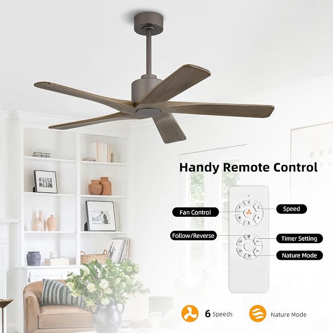 WINGBO 48" DC Ceiling Fan No Light - 5 Carved Solid Wood Blades, 6-Speed Reversible DC Motor, Ceiling Fan without Lights for Living Room Bedroom Kitchen Patio, Indoor and Outdoor, Graphite and Gray