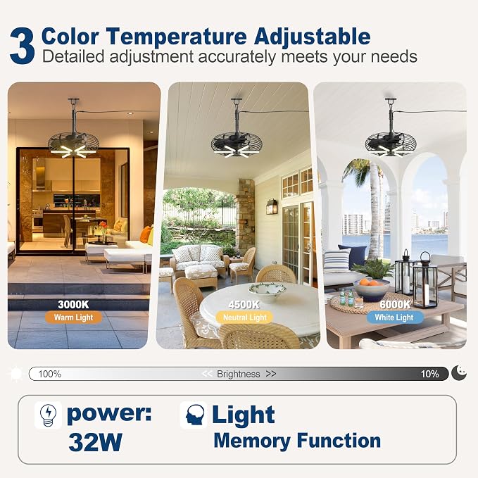 Coolbull Outdoor Ceiling Fans with Lights, 20'' Hanging Fan, Plug and Play | Wet Rated, Remote & APP Control Black Outdoor Fan with Hook for Gazebos, Patios, Porches, Decks