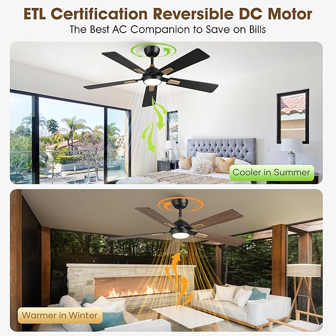 52 Inch Ceiling Fan with Lights and Remote, DC Motor Quiet 6-Speed Reversible Fan, Dimmable LED 3000K/4000K/6000K, Smart APP Control, Modern Black & Gold Ceiling Fan for Bedroom Living Room