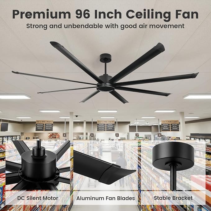 96 Inch HVLS Industrial Ceiling Fan, Large Ceiling Fan with Remote Control, High Airflow Commercial Fan for Garage Gym Shop Warehouse, Quiet DC Motor, 6 Speeds, 8 Aluminum Blades