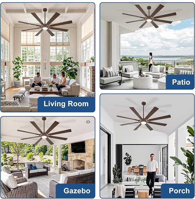 Large Ceiling Fans with Lights: Modern 84 Inch 8 Blade Outdoor Ceiling Fan with Remote APP Control - Dimmable Big Fan Light Indoor Reversible 6 Speed Quiet DC Motor - Brown