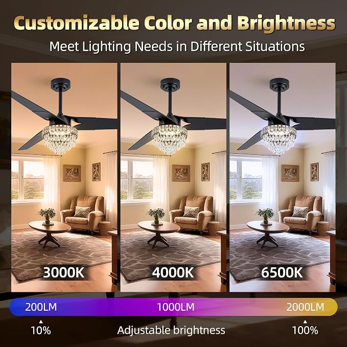 Chandelier Ceiling Fans With Lights And Remote, Chandelier Fan Ceiling,Crystal Ceiling Fan Fandelier With Lights,6 Speed 3 Timer Quiet Ceiling With Fans For Living Room Bedroom (Black, 60 In'ch)