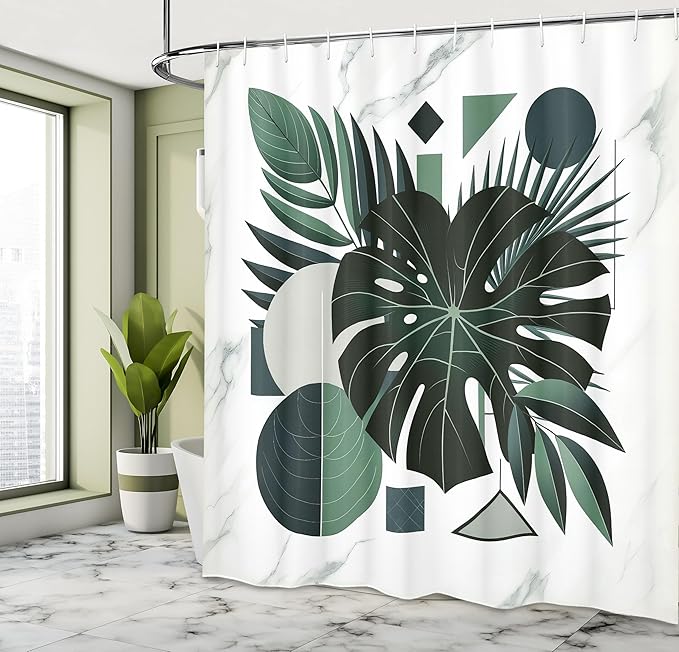 Ambesonne Dark Green Shower Curtain, Geometric Shapes with Tropical Leaf Monstera and Palms Marble Print, Cloth Fabric Bathroom Decor Set with Hooks, 69" W x 75" L, Forest Green Pale Grey