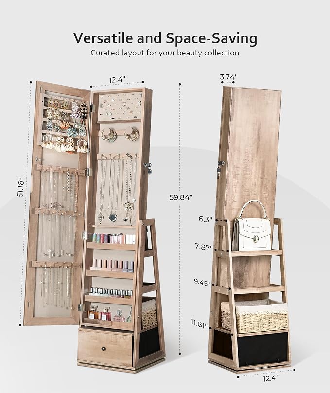Nicetree 360°Swivel Jewelry Cabinet, Rotatable Full Length Mirror with Jewelry Storage, Standing Jewelry Armoire Organizer, Lockable Jewelry Organizer with 3 Rear Shelves, Bottom Drawer, Oak