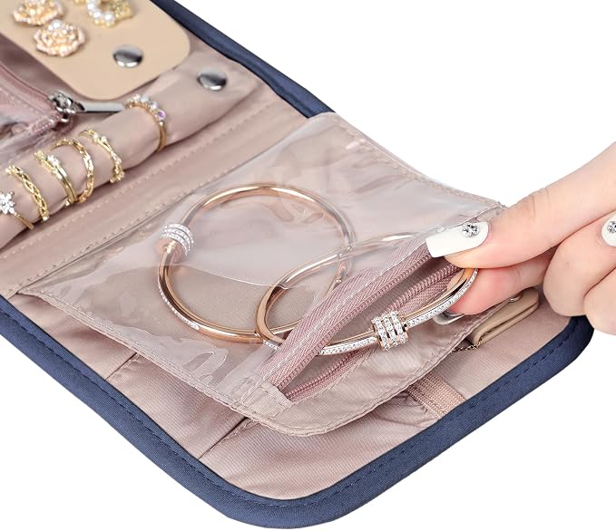 BELALIFE Travel Jewelry Case Organizer, Small Foldable Storage Roll for Earrings, Necklaces, Rings, Bracelets, Brooches, Blue-Gray | Bag with foldable roll design for earrings, necklaces, rings, bracelets and brooches,Blue-Grey