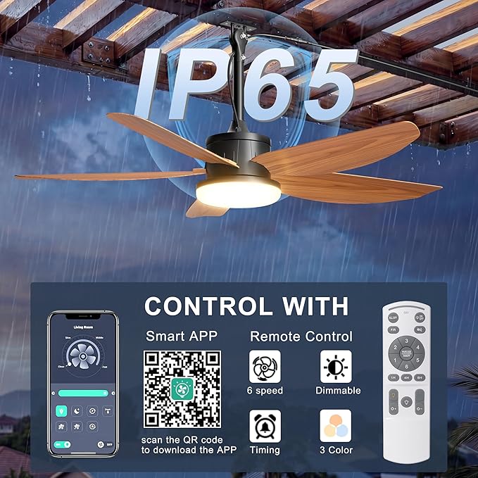 Outdoor Ceiling Fan with Lights, 42 Inch Plug in Gazebo Fans with Remote APP Control, Quiet DC Motor, Dimmable 3CCT, Waterproof Hanging Fans for Patios, Porch, Wood Color