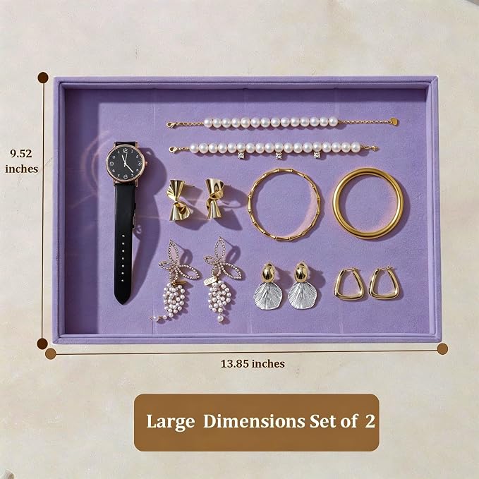 Large Velvet Jewelry Tray 2 Pack Stackable Jewelry Display Drawer Inserts Trays Organizer for Earring Bracelet Necklace Ring (Purple, 1 Grid)