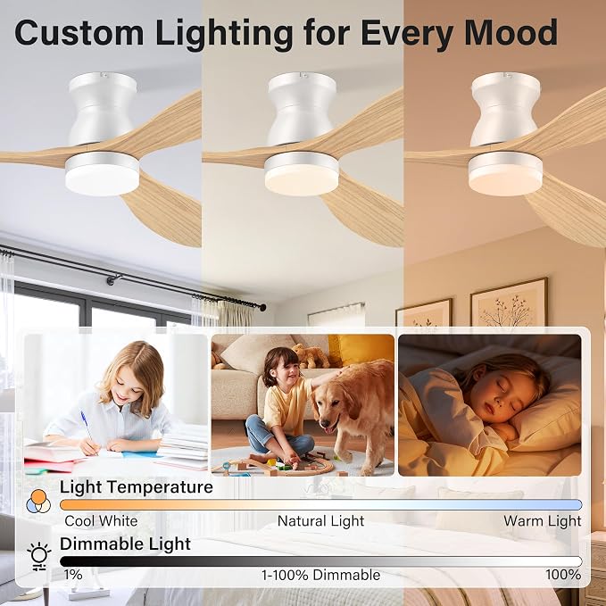 52" Wood Ceiling Fans with Lights Remote,Smart Control via Voice Alexa APP,Quiet DC Motor,Flush Mount Modern Ceiling Fan for Low Profile Living Room,Patio,White& Light Natural Wood,Outoor Indoor,Dim