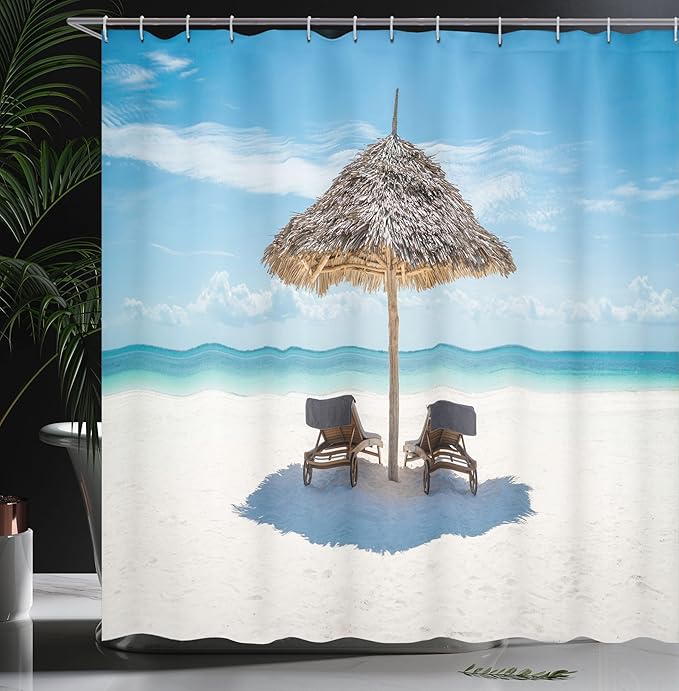 Ambesonne Seaside Shower Curtain, Wooden Sun Loungers Facing Eastern Ocean Under a Thatched Umbrella in Zanzibar, Cloth Fabric Bathroom Decor Set with Hooks, 69" W x 84" L, Turquoise Cream