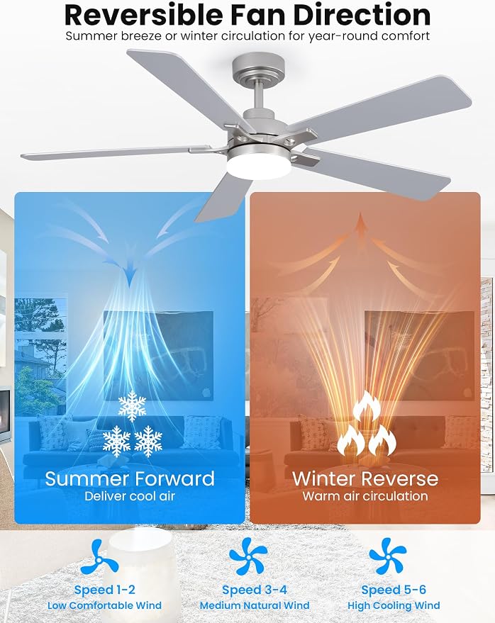 52 Inch Ceiling Fan with Lights and Remote, Downrod Mount, Sloped Ceiling Compatible up to 15°, Quiet Reversible DC Motor, 3CCT Dimmable LED, Nickel Ceiling Fan for Bedroom Living Room