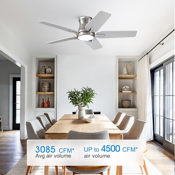 POCHFAN 42 Inch Ceiling Fans with Lights and Remote, Brushed Nickel Flush Mount Low Profile Ceiling Fan for Bedroom, Living Room, Patio, Dimmable 6 Speeds Noiseless Reversible, ETL Listed