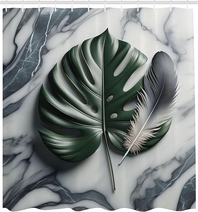 Ambesonne Dark Green Shower Curtain, Abstract Nature Paint Art Monstera and Feather on Marble Print Cold Tones, Cloth Fabric Bathroom Decor Set with Hooks, 69" W x 70" L, Blue Grey Emerald