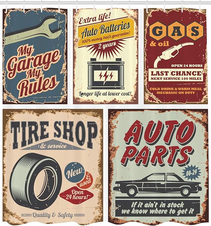 Ambesonne 1950s Shower Curtain, Vintage Car Signs Automobile Advertising Repair Vehicle Garage Classics Servicing, Cloth Fabric Bathroom Decor Set with Hooks, 69" W x 70" L, Burgundy