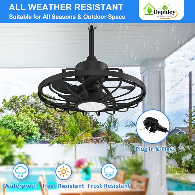 Depuley Gazebo Fans Outdoor Hanging: 20 Inch Black Plug In Caged Outdoor Fan with Light and APP Remote Control - Waterproof Ceiling Fan for Patio Porch Pergola Reversible DC Motor