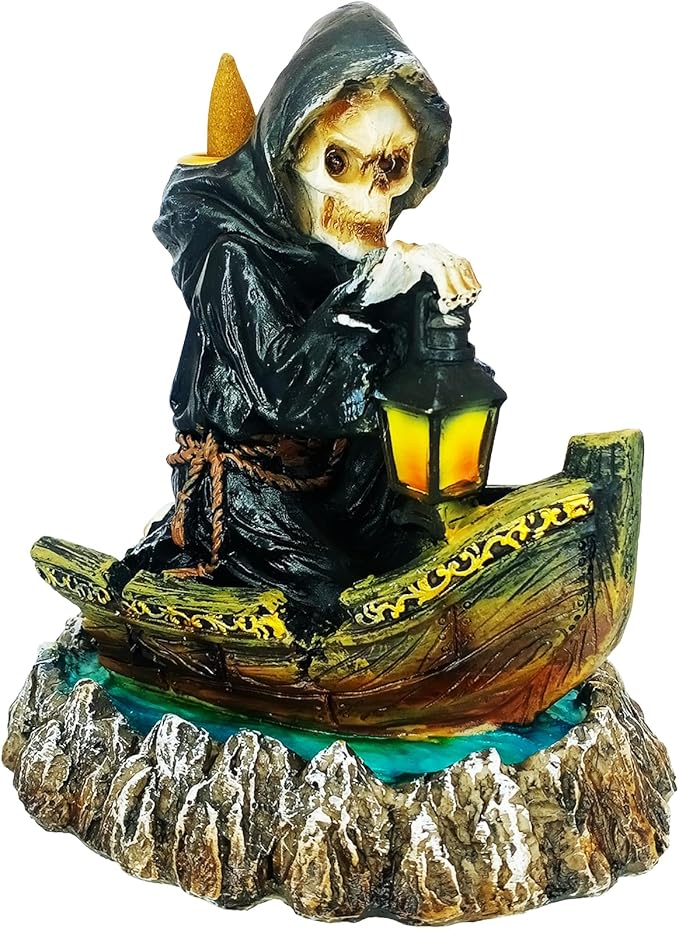 Fantasy Gifts Grim Reaper Soul Deliverer Backflow Incense Burner – 7 Inch Polyresin Fountain Holder for Meditation, Aromatherapy & Gothic Home Décor Mysterious Reaper Design Incense Cone Holder Gift