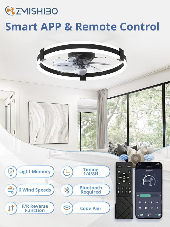 ZMISHIBO Ceiling Fans with Lights and Remote, 23 inch Low Profile Ceiling Fan with Light, 3000K-6000K Dimmable & 6 Wind Speeds, Modern Fandelier Flush Mount Ceiling Fan, Small LED Fan for Bedroom
