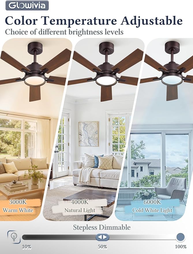 42 Inch Ceiling Fan with Lights and Remote, Smart APP Control, Dimmable with All-Setting Memory, Quiet DC Motor Reversible Blades, Damp Rated Modern Ceiling Fan for Bedroom Patio Living Room