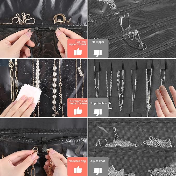 FOREGOER Hanging Jewelry Organizer 43 Large Zipper Pockets Necklace Holder | Double Sided, Large Capacity, Foldable for Travel, Jewelry Holder Roll for Earrings, Necklaces, Rings on Closet, Wall, Door
