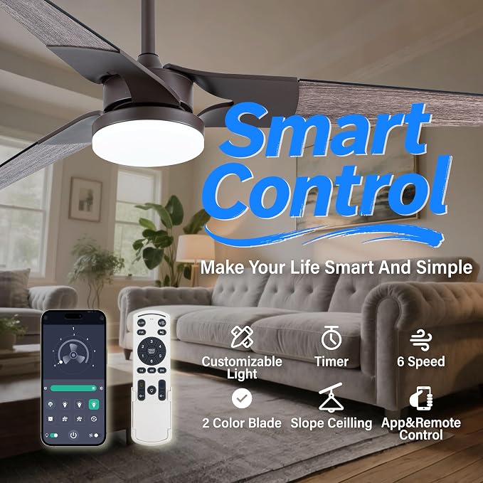 Ceiling Fan with Lights and Remote, 3 Blade App Control Timer Reversible Stepless Brightness and Color Temperature Outdoor Wood Ceiling Fan with Lights (Brown, 52 Inch)