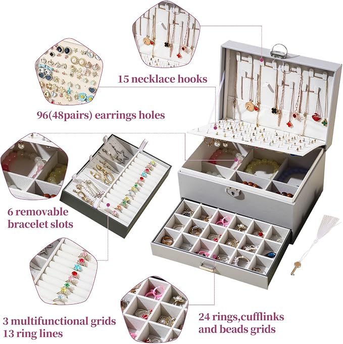 BOOVO Large Jewelry Boxes For Women (grey) | 5 Layers Jewelry Organizer Box With Cosmetic Storage Drawer, Necklace Ring Jewelry Organizer Box