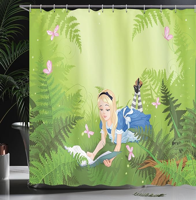 Ambesonne Alice in Wonderland Shower Curtain, Alice Reading Book in Forest Butterfly Nature Magic Love Theme, Cloth Fabric Bathroom Decor Set with Hooks, 69" W x 84" L, Green Pink