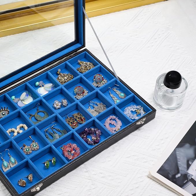 Stratalife 24 Grid Earring Organizer, Jewelry Holder Organizer with Lid | PU Leather Storage Box for Earring, Ring, Studs and Trinkets, Soft Velvet Drawer Organizer for Women, Dustproof, Blue Black