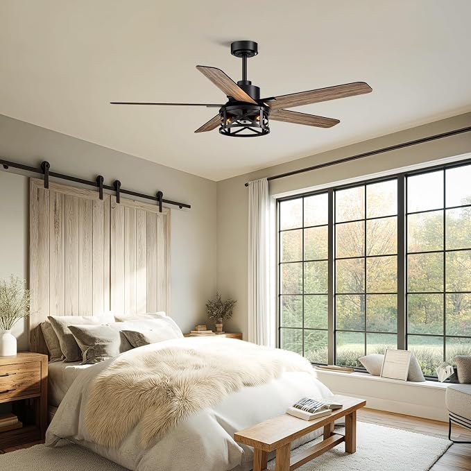 52 Inch Ceiling Fans with Lights and Remote Control, Low Profile Farmhouse Ceiling Fan for Bedroom Living Room and Patio, Black Caged Ceiling Fan for Indoor and Outdoor（NO BULBS）