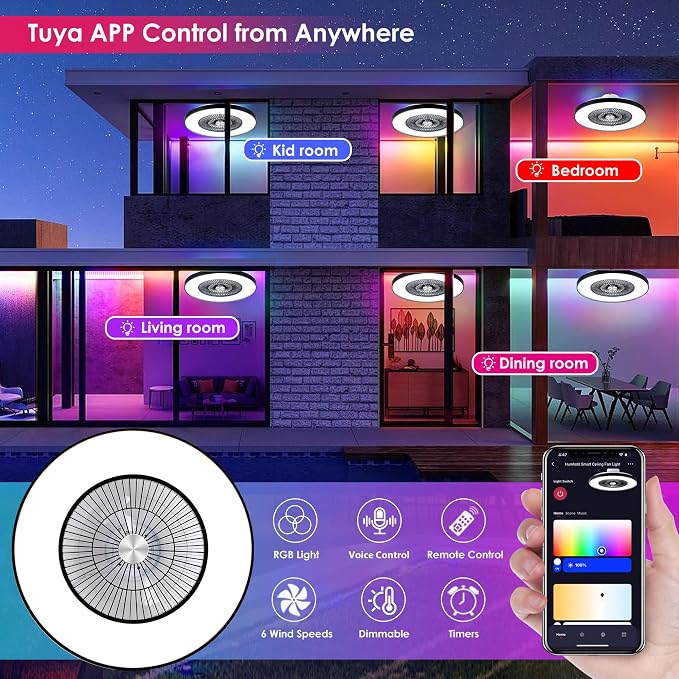 24" Bladeless Ceiling Fans with Lights and Remote/APP/Voice Control, Low Profile Ceiling Fan with RGB Lights, Enclosed Flush Mount Ceiling Fan for Kid's Bedroom/Living Room