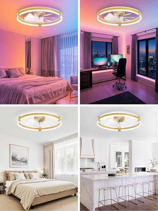 ZMISHIBO RGB Ceiling Fans with Lights and Remote, 23 inch Low Profile Ceiling Fan with Light, 3000K-6000K Dimmable & RGB, Modern Fandelier Flush Mount Ceiling Fan, Small LED Fan for Bedroom,Gold