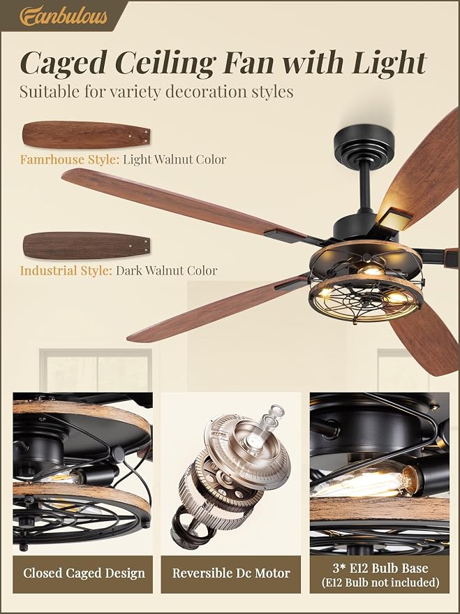 Fanbulous Farmhouse Ceiling Fan with Light and Remote, Industrial Caged Flush Mount Ceiling Fans with 6 Speed Reversible Motor and Dual Finish 5 Blades, for Living room, Bedroom (Black, 60 Inch)