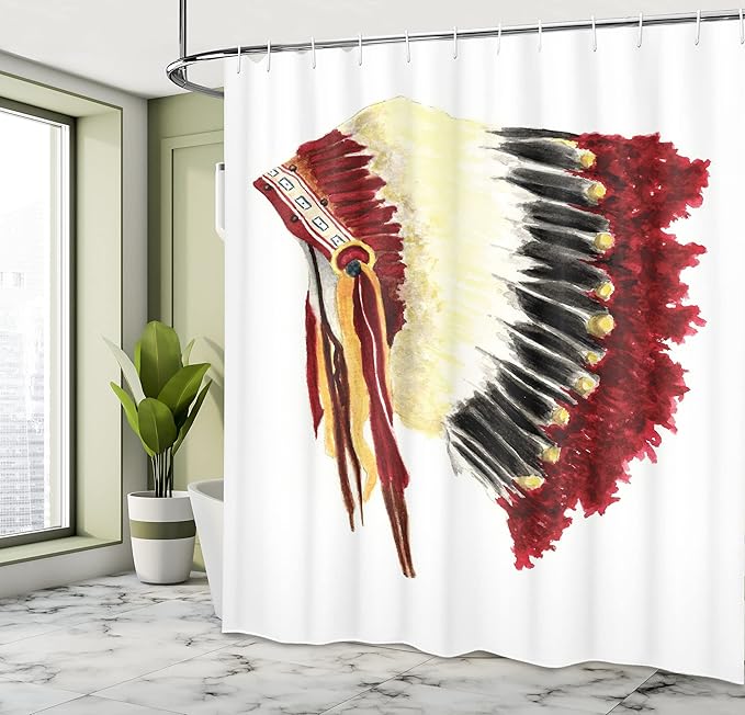 Ambesonne Tribal Shower Curtain, Original Symbolic Eagle Feather Headdress Native Life Style, Cloth Fabric Bathroom Decor Set with Hooks, 69" W x 84" L, Ivory Black